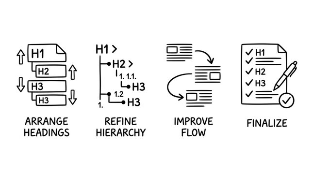 Infographic illustration showing arrange headings, refine hierarchy, improve flow, finalize steps