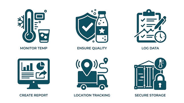 Set of Logistical Supply Chain and Industrial Monitoring Icons for Digital Data Management and Quality Assurance Systems
