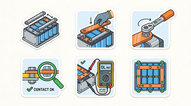 Step-by-step instruction guide icons for assembling DIY lithium battery pack with busbars and testing with multimeter