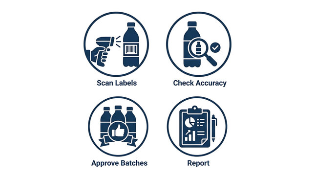 Professional industrial production quality control workflow icons featuring automated beverage inspection manufacturing auditing and batch verification steps