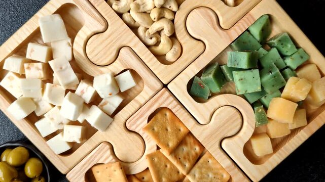 Antipasto, a tray with cubes of pesto, mozzarella, and Parmesan cheese, nuts, and crackers. Cheese, crackers, and nuts as a food backdrop for your design