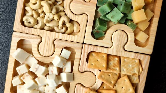 Antipasto, a tray with cubes of pesto, mozzarella, and Parmesan cheese, nuts, and crackers. Cheese, crackers, and nuts as a food backdrop for your design
