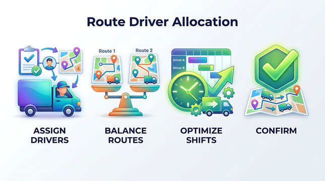 Vector illustration of delivery logistics planning process with icons for dispatch management and truck route scheduling workflow