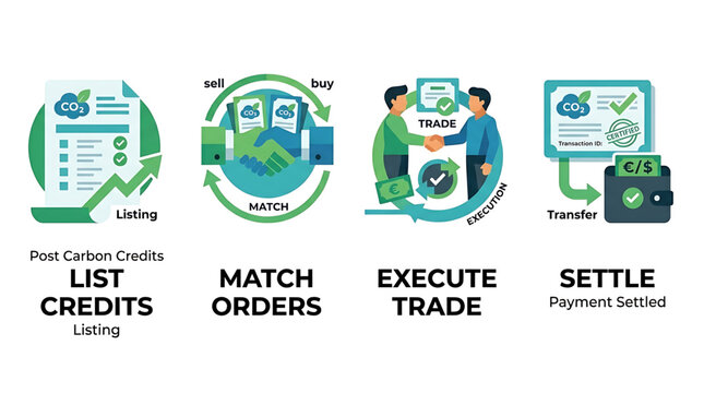 Four stages of carbon offset marketplace illustrating sustainable business practices for greenhouse gas emission reduction and environmental trade