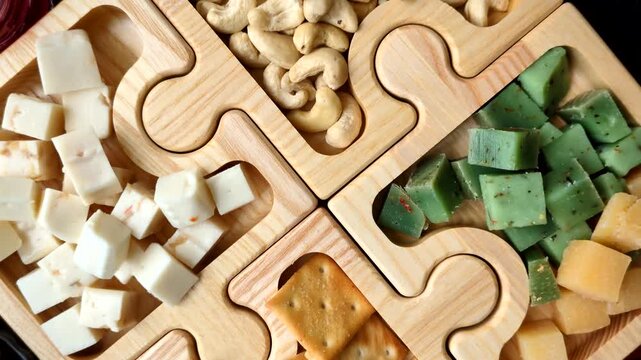 Antipasto, a tray with cubes of pesto, mozzarella, and Parmesan cheese, nuts, and crackers. Cheese, crackers, and nuts as a food backdrop for your design