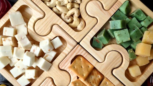 Antipasto, a tray with cubes of pesto, mozzarella, and Parmesan cheese, nuts, and crackers. Cheese, crackers, and nuts as a food backdrop for your design