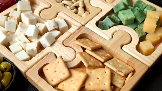 Antipasto, a tray with cubes of pesto, mozzarella, and Parmesan cheese, nuts, and crackers. Cheese, crackers, and nuts as a food backdrop for your design