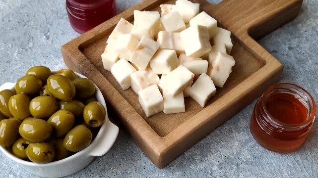 White feta, tofu, or mozzarella cheese cubes with herbs as a salad ingredient. White mozzarella cheese cubes as a food background for your design
