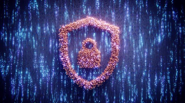 Digital shield and lock symbol in cybersecurity data loop.