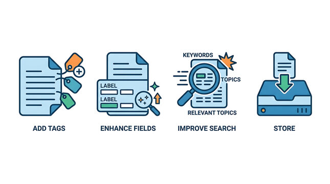 Documents are being organized with tags added and fields enhanced for better search results and stored efficiently