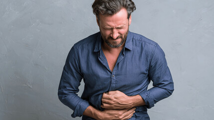 Fototapeta premium A man experiencing stomach pain, clutching his abdomen in distress