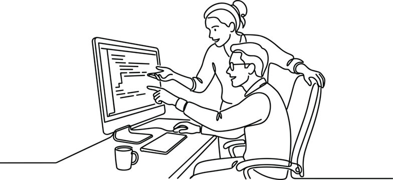 Continuous line drawing of two software developers collaborating on computer code.