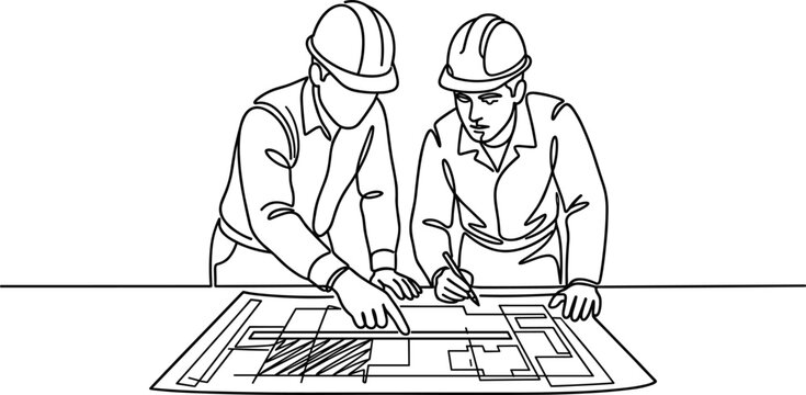 Two professional construction engineers analyzing blueprints on a desk.