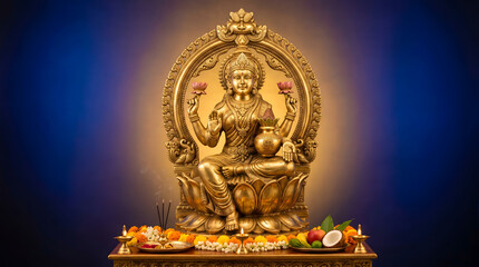 Obraz premium Golden Lakshmi idol in circular arch with puja offering on blue glowing background