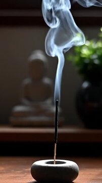 Single incense stick burning with rising smoke in a calm indoor setting