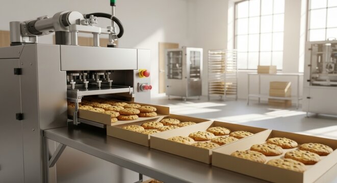 Automated cookie stacker precisely arranging golden-brown baked goods in modern bakery packaging