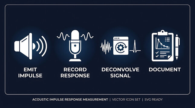 Acoustic measurement process with impulse emit, microphone record, signal processing, and document report on a clipboard