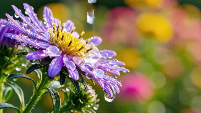 Purple aster flower with water droplets in soft focus garden