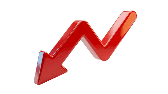 Vector illustration of 3d red glossy arrow pointing down with a zigzag shape on a transparent background