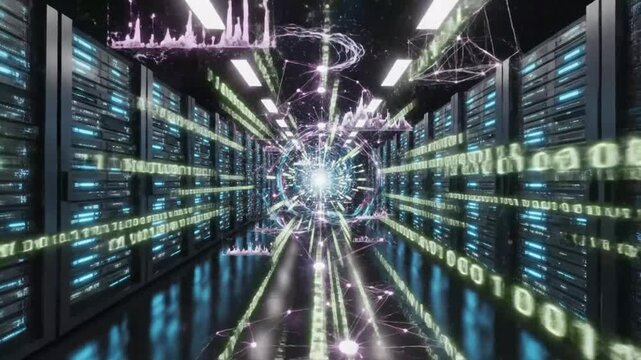 Futuristic Data Center Visualization: Servers and Data Flow in Digital Network Showing Binary Code and Network Connections