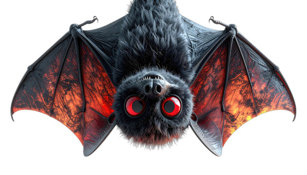 A fluffy bat with striking red eyes and fiery wings hangs upside down against a black background.