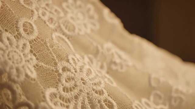 Intricate white floral lace fabric detail close up with soft natural lighting