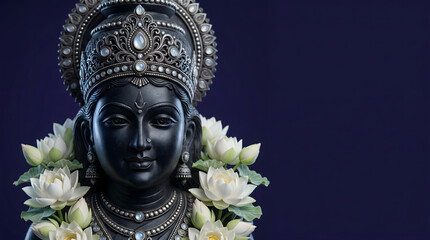 Obraz premium Black Lakshmi goddess bust with ornate silver crown and white lotus on dark blue background