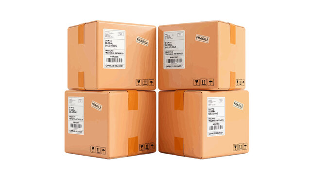 Vector illustration of stack of four cardboard shipping boxes with labels, on a transparent background