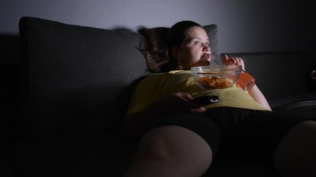 Young overweight woman lying on a sofa at night with a sad expression, slowly eating tortilla chips and switching channels with a remote control. 