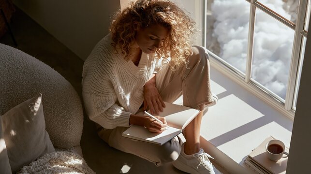 Young woman writing in a journal by a sunlit window soft clouds clearing outside surrounded by clean neutral Scandinavian d&Atilde;&copy;cor in gentle daylight captured from an overhead angle.
