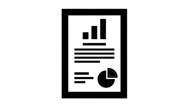 Minimal black silhouette icon, simple flat vector, bold black shape, no, no shading document with charts and graphs on a, flat icon style