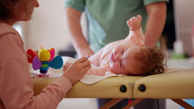 A baby rests comfortably during a pediatric therapy session while caregivers use colorful sensory toys to encourage engagement and development