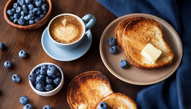 cozy rustic breakfast flatlay with toasted bread slices butter latte art coffee cup and fresh blueberries on wooden table warm morning food lifestyle photography vertical