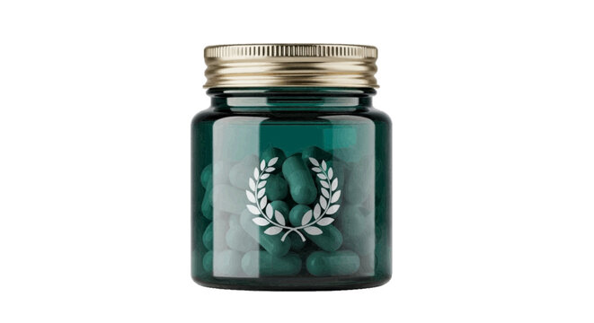 Minimal black silhouette icon, simple flat vector, bold black shape, no, no shading green glass jar with golden cap and laurel wreath logo, filled with pills, on a, flat icon style