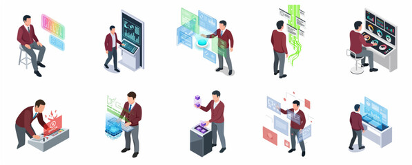 Fototapeta premium Isometric set of a professional man interacting with futuristic technology interfaces, holographic data displays, and control panels for digital innovation.