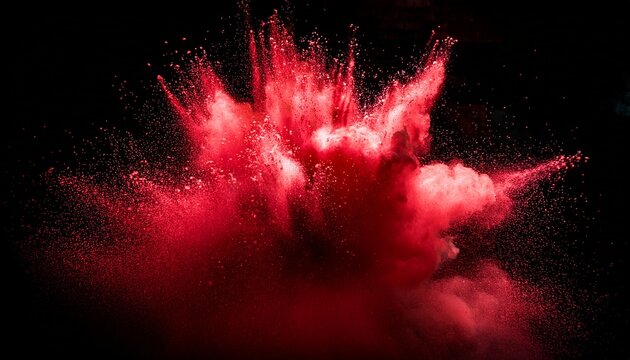 red explosion of dust and particles against a dark background with intense splashes and sparks creating a dramatic and powerful visual effect