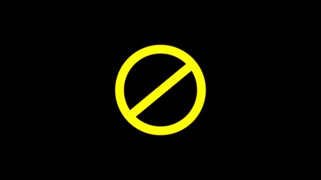 A bright yellow prohibition sign with a diagonal line through a circle isolated on a black background representing caution or restricted access