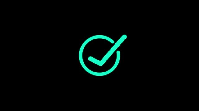 A bright cyan checkmark symbol centered inside a circular outline isolated on a solid black background for digital interface and user experience
