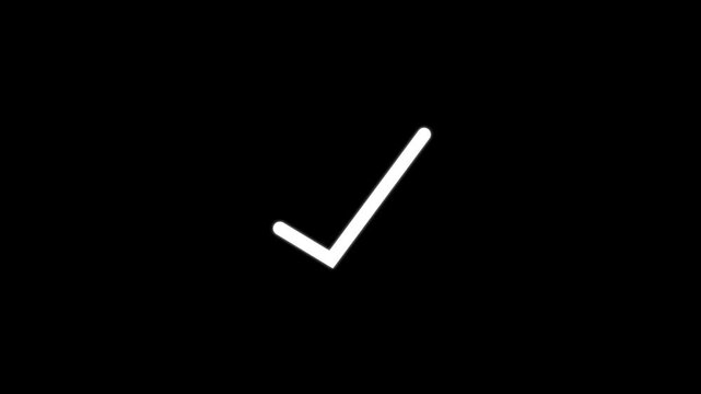 Simple white checkmark symbol centered on a solid black background representing success validation and task completion for digital interface