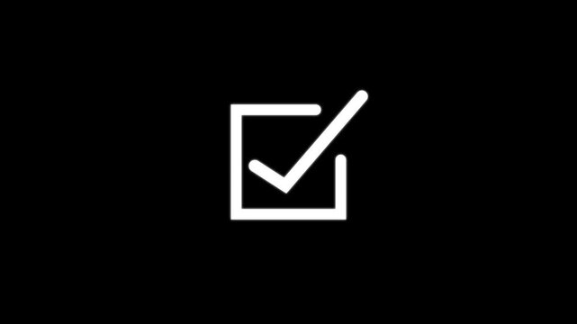 A white checkmark symbol centered inside a square box outline isolated on a solid black background for digital interface and user experience