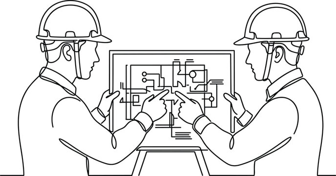 Two engineers examining technical construction plans together.