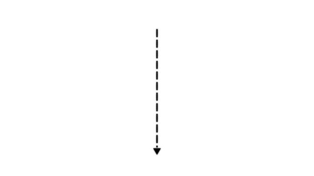 Black dashed line arrow pointing downwards isolated on a solid white background for instructional diagrams and digital projects