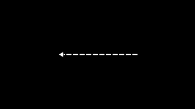 A simple white dashed arrow pointing to the left side on a solid black background for navigation or directional signage and interface
