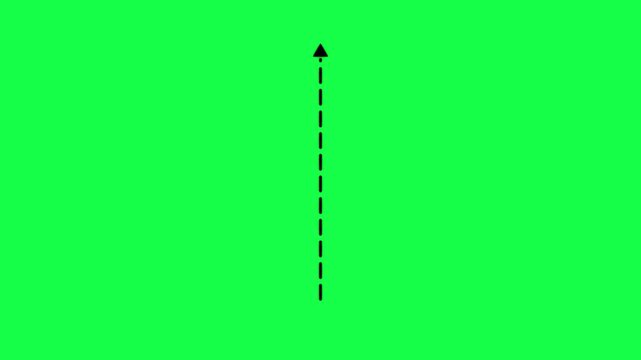 A simple black dashed arrow pointing straight up on a bright green background for easy chroma key removal and digital interface