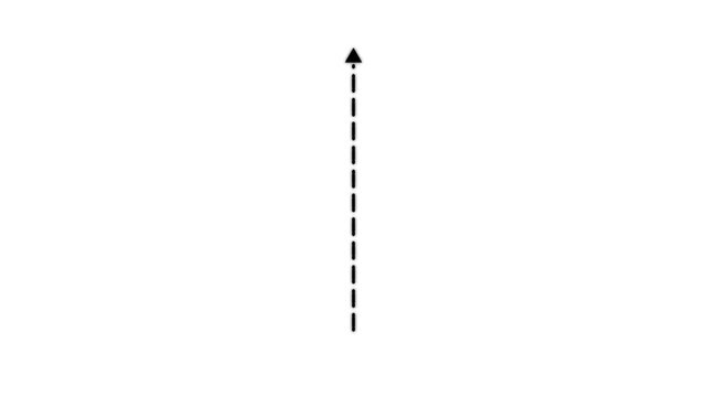 A simple black dashed arrow pointing straight up on a solid white background for navigation or directional signage and interface