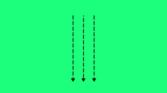 Three parallel vertical dashed lines with triangle arrowheads pointing downwards on a solid bright green background for instructional
