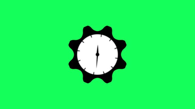 Black gear with a white clock face inside on a solid bright green background representing time management and operational efficiency