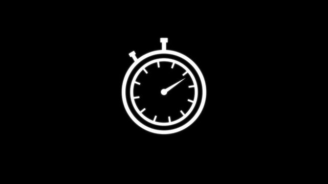 White outline stopwatch with a clock face and hands on a solid black background representing timing measurement and countdown events