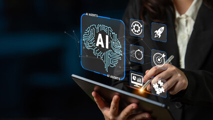 Plakat Business professional interacting with tablet displaying digital AI technology concept and futuristic icons for intelligent automation and data analysis Quark.