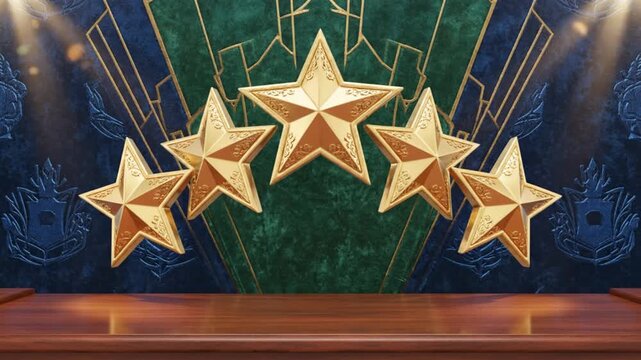 Luxurious Five Gold Stars on a Wooden Stage with Art Deco Background for Ceremony and Celebration